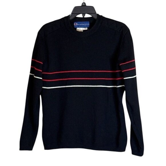 OBERMEYER Men's Black Three Stripe Crew Neck Wool Ski Sweater Vintage Sz Medium - Picture 1 of 6